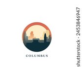 Columbus cityscape, vector gradient badge, flat skyline logo, icon. USA, Ohio state city round emblem idea with landmarks and building silhouettes. Isolated abstract graphic