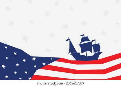 Columbus Day background with American flag and a silhouette of ship 