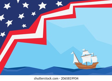 Columbus Day background with American flag and a sailing ship on the sea