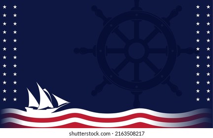 Columbus Day Background With American Flag Colors And Silhouette Of Sailing Ship And Steering Wheel. Columbus Day sale promotion, flyer, poster, banner, template etc