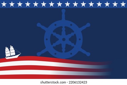 fondo del día de columbus con la bandera americana mar, estrellas, barco de vela y zona de copias
