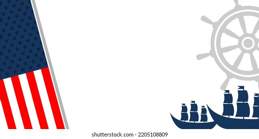 Columbus Day Background With Copy Space Area. Silhouette Of Ship , Steer Wheel And The American Flag. Suitable For Use For The Event.