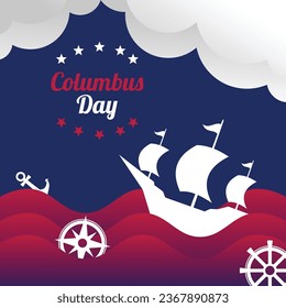columbus day background paper cut design, with icons of ships, clouds and waves. vector for banner, greeting card, poster, web, social media.