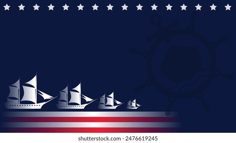 columbus day background with ship silhouette, steering wheel, ship front view and wave  copy space area suitable for placement in content with this theme