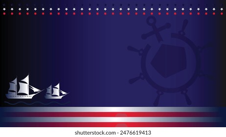 columbus day background with ship silhouette, steering wheel, ship front view and copy space area suitable for placement in content with this theme