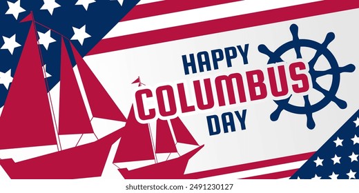 Columbus Day Background with Ship Silhouette and Steering Wheel. Design for Banners, Posters, Social Media.