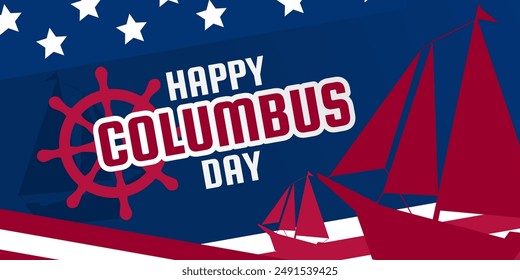 Columbus Day Background with Ship Silhouette and Steering Wheel. Design for Banners, Posters, Social Media.
