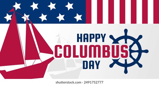 Columbus Day Background with Ship Silhouette and Steering Wheel. Design for Banners, Posters, Social Media.