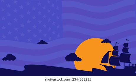 columbus day background with silhouette of ship , american flag and copy space area.