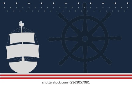 Columbus Day Background with Silhouette of Ship, Steer Wheel and Copy Space Area. Suitable to place on content with that theme.