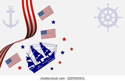 Columbus Day Background with Steering Wheel Ship Silhouette Stars, anchors, and Copy Space Area elements. Suitable to be placed on content with that theme.