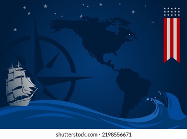 Columbus day background vectors with copy space area. silhouette ship, tape, compass, star, flag or maps of America