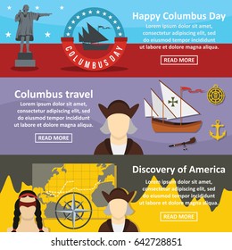 Columbus Day banner horizontal concept set. Flat illustration of 3 columbus Day vector banner horizontal concepts for web