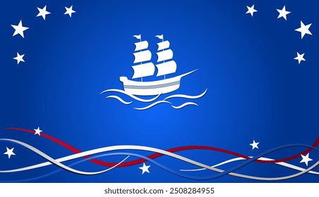 Columbus day banner, USA holiday background and copy space with USA theme design style and ship silhouette on blue background