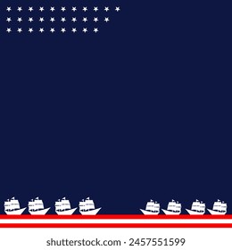colón día de fondo en blanco tamaño cuadrado con el tema de la bandera americana color y elemento de numerosos barcos de carabela, estrella blanca y ruedas de barco