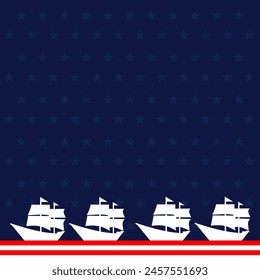 columbus day blank background square size with american flag theme colour and element of four caravel ships and ship wheels