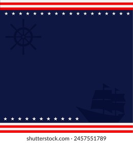 columbus day blank background square size with american flag theme colour and element of caravel ship and ship wheels