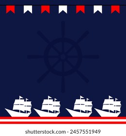 colón día blanco de fondo cuadrado tamaño con el tema de la bandera americana color y elemento de cuatro carabela barco, bandera roja blanca y ruedas del barco
