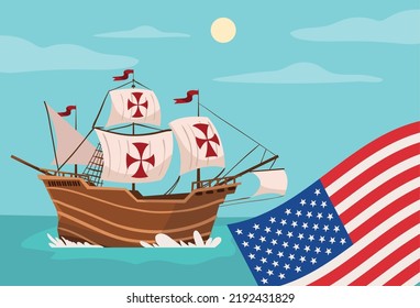 Columbus Day, Boat And Usa Flag, Design