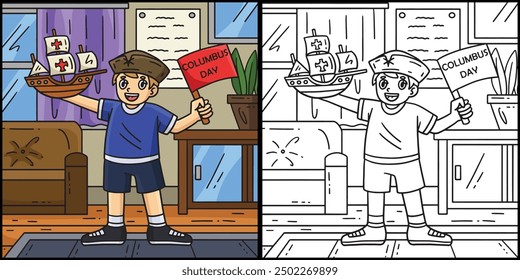 Columbus Day Boy mit Schiffsmodelldarstellung