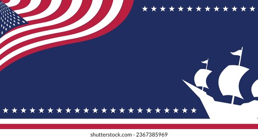 Columbus Day celebration background with ship silhouette icon and free copy space area. american flag color design, vector for banner, greeting card, poster, web, social media.
