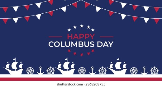 Columbus Day celebration background with ship silhouette icon and free copy space area. American flag color design, vector for banner, greeting card, poster, web, social media.