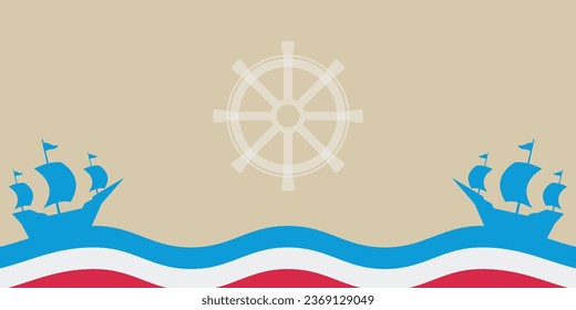 Columbus Day celebration background with ship silhouette icon and free copy space area. american flag color design, vector for banner, greeting card, poster, web, social media.