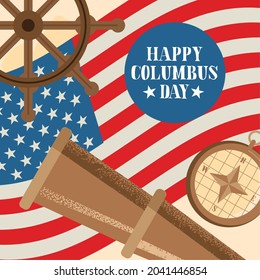 Columbus Day celebration poster with flag