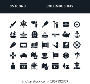 Columbus Day. Collection of perfectly simple monochrome icons for web design, app, and the most modern projects. Universal pack of classical signs for category Holidays.