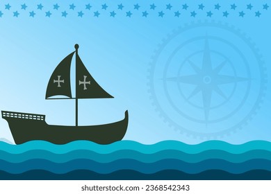 Columbus Day Copy Space Hintergrund mit Segelschiff Segelboot. Christoph Columbus National USA Holiday Banner mit amerikanischer Flagge, Meereswellen, Steer Wheel und Kompass. Discovery America Spanien Thema