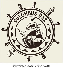Columbus Day Emblem mit Segelschiff und Schiffsrad Illustrationskarawane