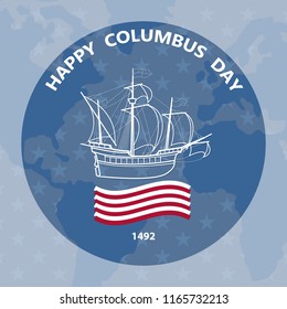 Columbus day emblem. Vector illustration with sailing ship on blue background. Christopher Columbus Day Holiday Poster. Linear sailboat.