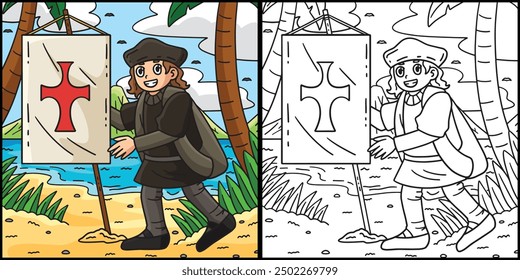 Columbus Day Explorer Planting Flag Illustration