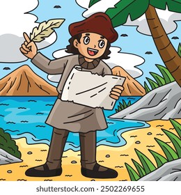Explorador del día de Colón con la pluma y el mapa coloreado 