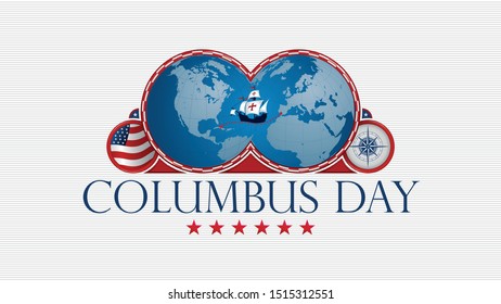 COLUMBUS DAY Greeting card. Map of America and Europe with red frame and a caravel in the middle, USA flag and compass inside circles on white background. Vector image
