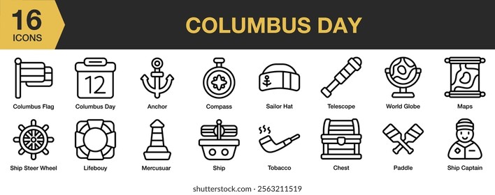 Columbus Day icon set. Includes celebration, holiday, national, freedom, columbus, and More. Outline icons vector collection.