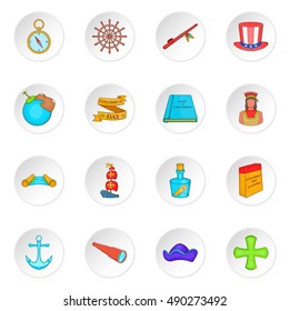 Columbus Day icons set in cartoon style. Sailing equipment vector illustration