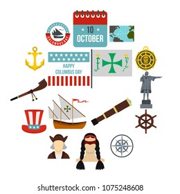 Columbus Day icons set in flat style. Sailing equipment vector illustration