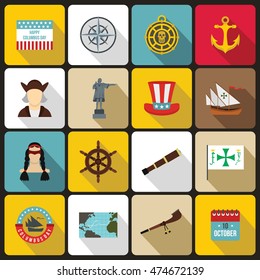 Columbus Day icons set in flat style. set collection. Sailing equipment vector illustration