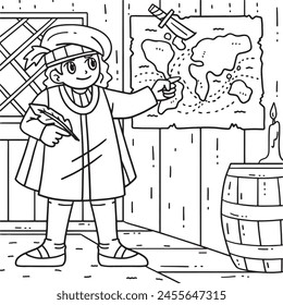 Columbus Day Man Charting Map Coloring Page 