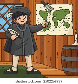 Columbus Day Man Charting Map Colored Cartoon