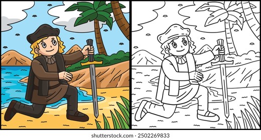 Columbus Day Man Kneeling on Shore Illustration