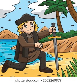 Columbus Day Man Kneeling on Shore Colored Cartoon