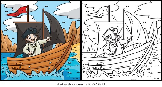 Columbus Day Man on the Ship Coloring Illustration