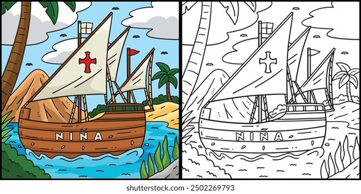 Columbus Day Nina Ship Coloring Page Illustration