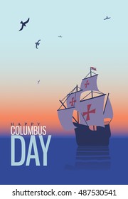 Columbus day. Old schooner. Santa Maria. Greetings Card