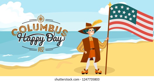 Columbus Day poster with Columb and Santa Maria card text logo design template,