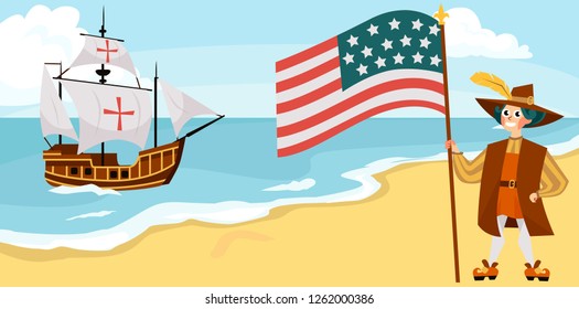 Columbus Day poster with Columb and Santa Maria card text logo design template,