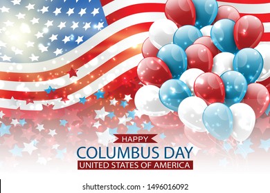 Columbus Day poster or flyer. USA National October holiday red background with a bunch of balloons in flag colors, and confetti. Glowing county flag. Vector illustration.