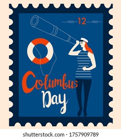 Columbus Day retro postmark.Sailor looks into the suspension pipe old fashioned stamp.Sailing yacht, lifebuoy and nautical knots, maritime vector illustration.Lettering for postcard. American holiday